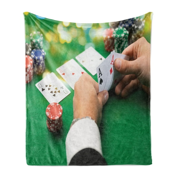 Poker Soft Flannel Fleece Blanket, Casino Pattern Image with Man Holding 2 Aces in His Hands at Table, Cozy Plush for Indoor and Outdoor Use, 60" x 80", Forest Green and Multicolor, by Ambesonne