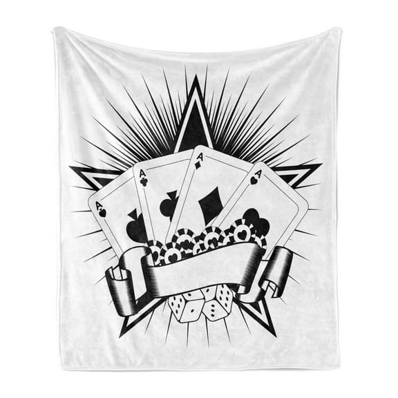 Poker Soft Flannel Fleece Throw Blanket, Monochrome Style Casino Chips Dice and Playing Cards on Star Motif Art Image, Cozy Plush for Indoor and Outdoor Use, 50" x 70", White and Black, by Ambesonne