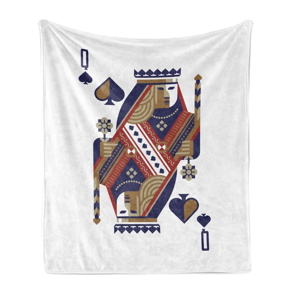 Poker Soft Flannel Fleece Throw Blanket, Queen of Spades Playing Card Illustration Designed in Modern Retro Style, Cozy Plush for Indoor and Outdoor Use, 50" x 60", White and Multicolor, by Ambesonne