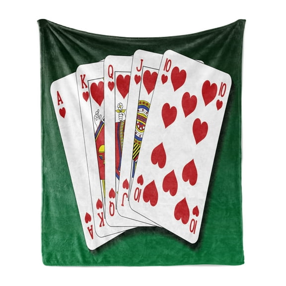 Poker Soft Flannel Fleece Throw Blanket, Royal Flush Best Hand with Heart Suit in Playing Cards Illustration, Cozy Plush for Indoor and Outdoor Use, 50" x 70", Emerald White and Scarlet, by Ambesonne