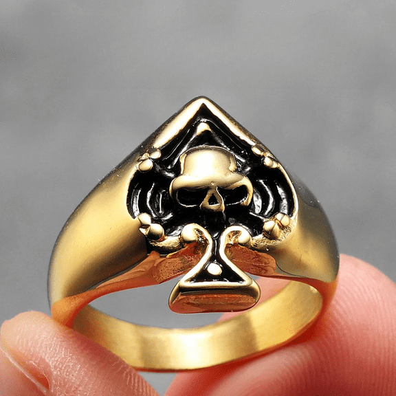 Poker Spade Skull  14K Yellow Gold  Men Rings Punk New In For Male Women Fashion Jewelry Creativity Gift