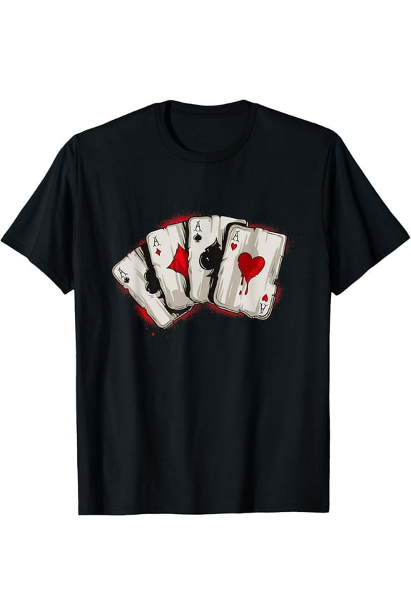Poker T-Shirt 4 Aces Stud Hands Lucky Souvenir Las Vegas Tee T-Shirt men and women can wear, black, white, gifts