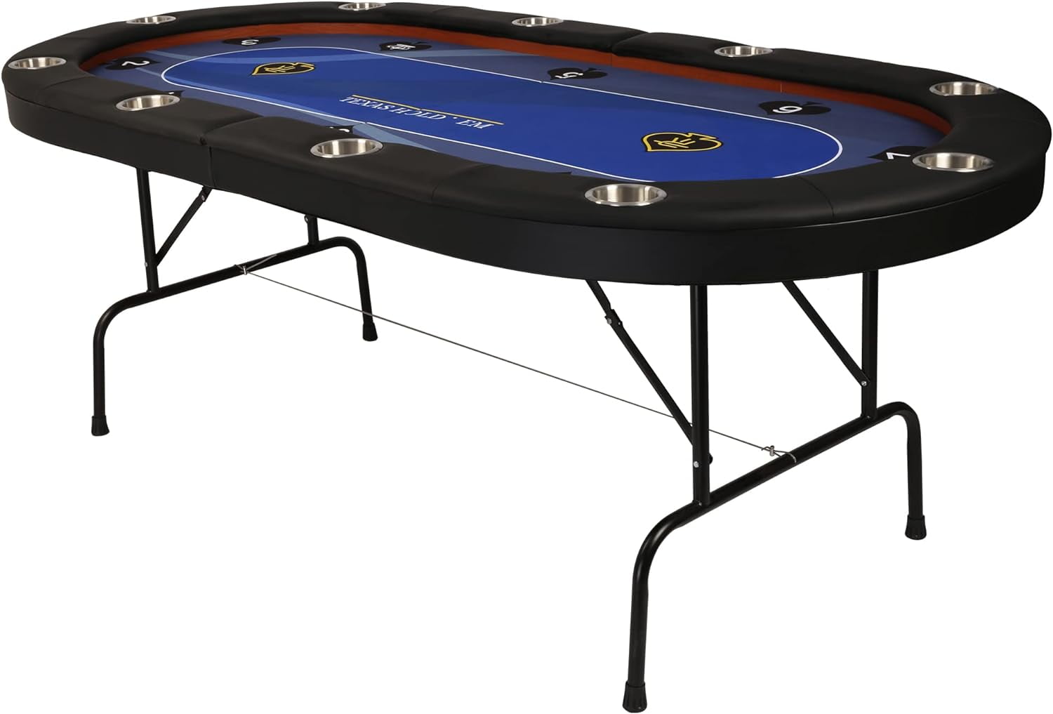 84" Blue Felt Oval Poker Table with Black Leather Padded Rails