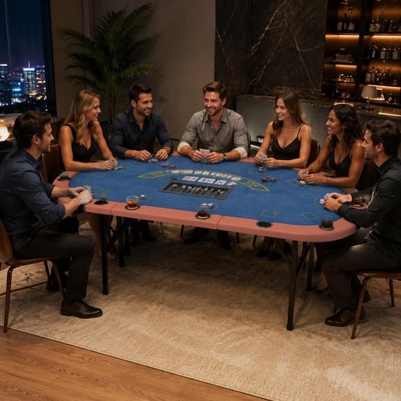 Poker Table, Foldable 72-inch Portable Casino Blackjack Table for 8 Players, Felt Surface, Cup Holders, Blue
