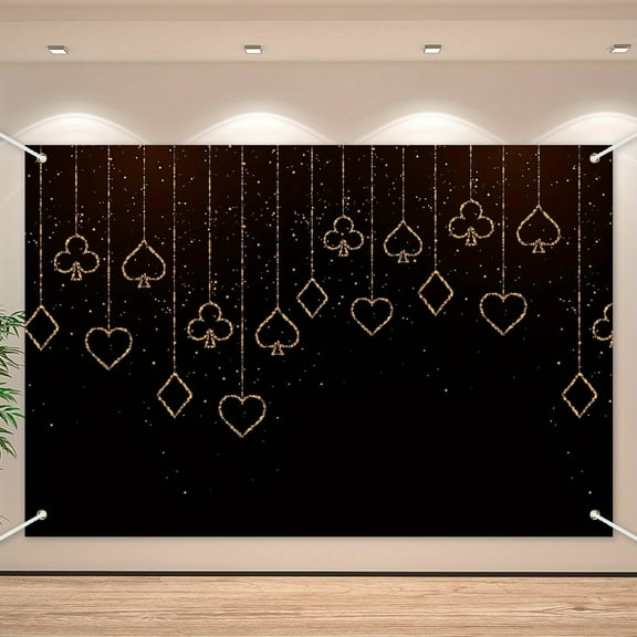 Poker-Themed, Black and Golden Design,Polyester Backdrop Banner, Landscape Orientation, for Photography, Night Party, Birthday, Prom Decorations, Photo Studio Props