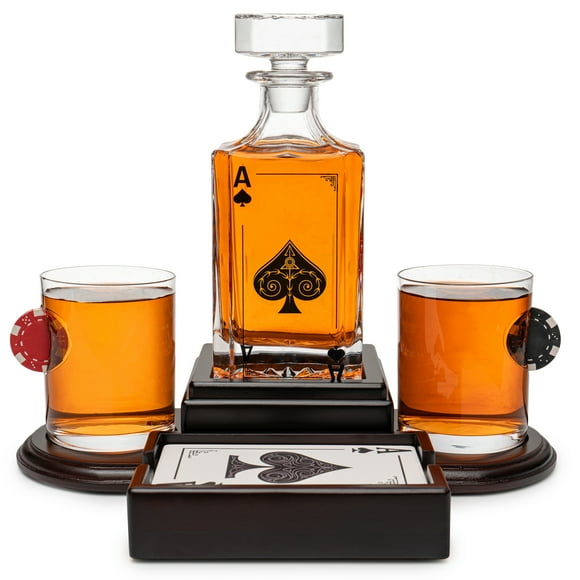 Poker Themed Whiskey Decanter Set for Men with 2 Whiskey Glasses. Texas Holdem No Limit Liquor Gift for Men