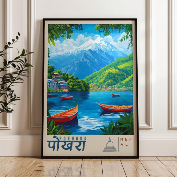 Pokhara Nepal Travel Poster: Annapurna & Phewa Lake Art Print In Nepali