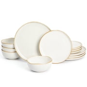Pokini 12-Piece Stoneware Dinnerware Sets, Kitchen Plates and Bowls Sets, Dish Sets for 4,White