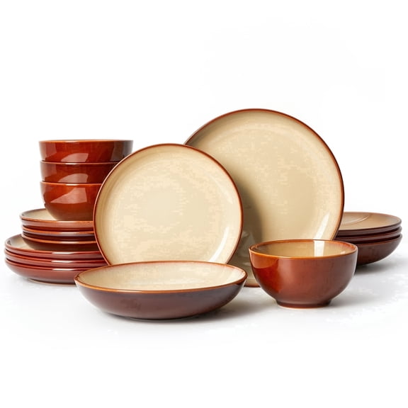 Pokini 16-Piece Stoneware Dinnerware Sets, Plates and Bowls Sets for 4, Dish Sets with Double Bowl,Brown Yellow