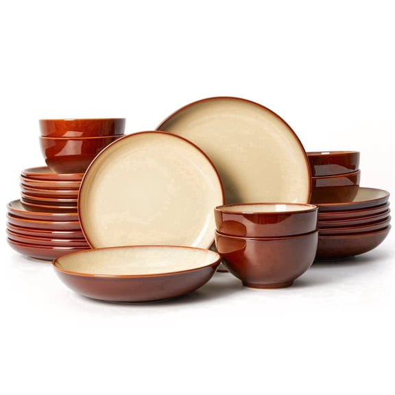 Pokini 24-Piece Stoneware Dinnerware Sets, Plates and Bowls Sets with Double Bowl,Ceramic dish sets service for 6,Brown Yellow