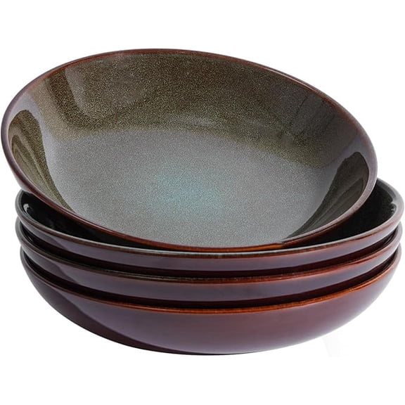 Pokini 8.75 Inch Large Ceramic Pasta Bowls, 32 Oz Reactive Glaze Stoneware Pasta Serving Bowls Set of 4,Brown Green