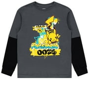 Pokemon Pikachu Boys Long Sleeve Twofer T-Shirt Graffiti Everywhere Graphic Tee, Sizes XSXL Charcoal/Black