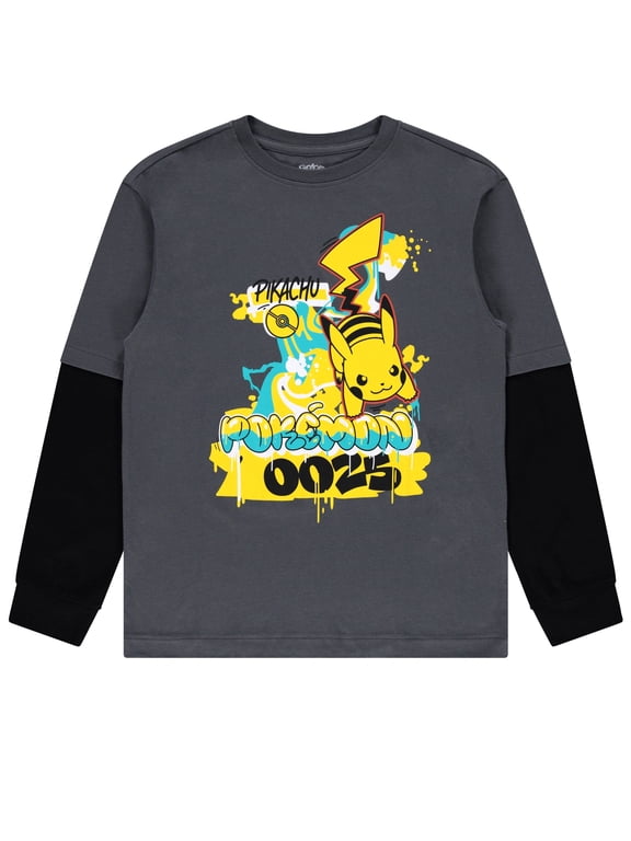 Pikachu Boys Long Sleeve Twofer Graphic T-Shirt, Charcoal Black, Sizes XS-XL