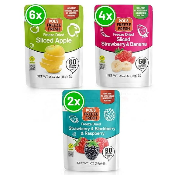 Pols Freeze Fresh Premium Freeze Dried Strawberries,Apple,Banana,Raspberries,Blackberries|Non-GMO,Kosher,Vegan,Gluten-Free,No Additives,No Added Sugar| 6x Apple,4x Strawberry-Banana,2x Berry Mix