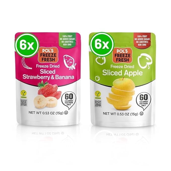 Pol’s Freeze Fresh Premium Freeze Dried Strawberries, Apples, Bananas | Non-GMO, Kosher, Vegan, Gluten-Free, No Additives, No Added Sugar | 6x Sliced Apple & 6x Strawberry-Banana