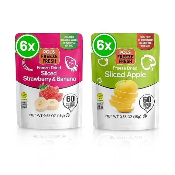 Pols Freeze Fresh Premium Freeze Dried Strawberries, Apples, Bananas | Non-GMO, Kosher, Vegan, Gluten-Free, No Additives, No Added Sugar | 6x Sliced Apple & 6x Strawberry-Banana