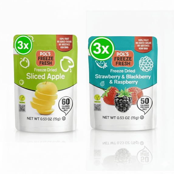 Pol’s Freeze Fresh Premium Freeze Dried Strawberries, Raspberries, Blackberries, Apples | Non-GMO, Kosher, Vegan, Gluten-Free, No Additives, No Added Sugar | 3x Sliced Apple & 3x Berry Mix