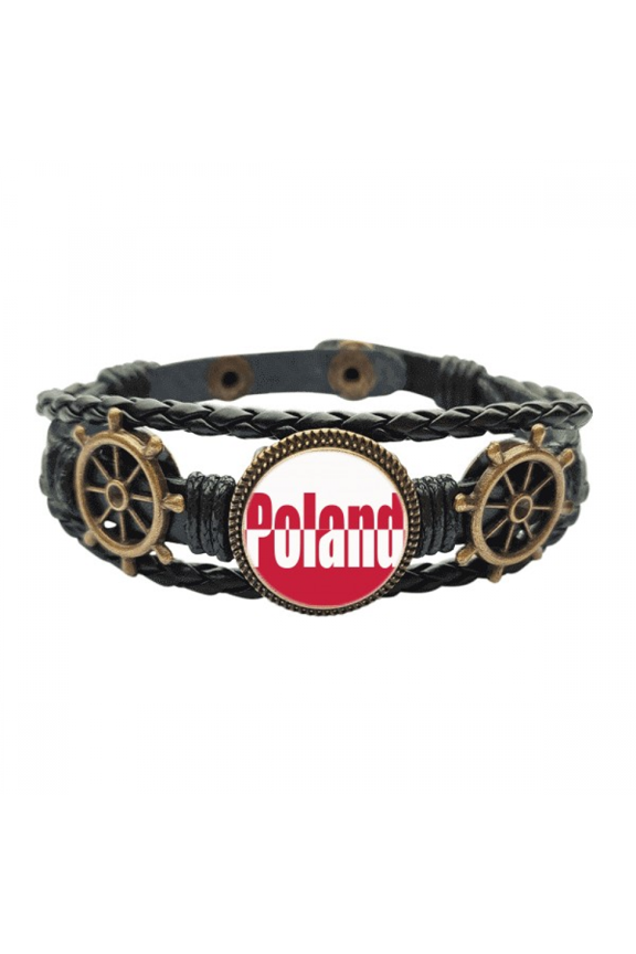 Poland Country Flag Name Art Deco Fashion Leather Braided Ocean Bracelet Wristband