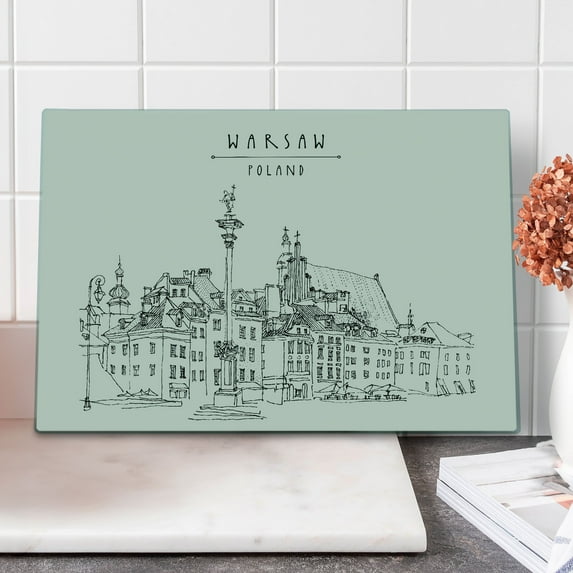 Poland Cutting Board, Vintage Warsaw City Poland Historic Castle Center Old Buildings Illustration, Decorative Tempered Glass Cutting and Serving Board, in 3 Sizes, by Ambesonne