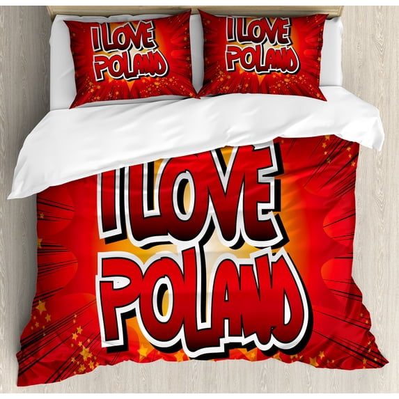 Poland Duvet Cover Set, Pop Art Inspired Dramatic Comic Book Style Wording, Decorative 3 Piece Bedding Set with 2 Pillow Shams, Calking Size, Vermillion Paprika, by Ambesonne