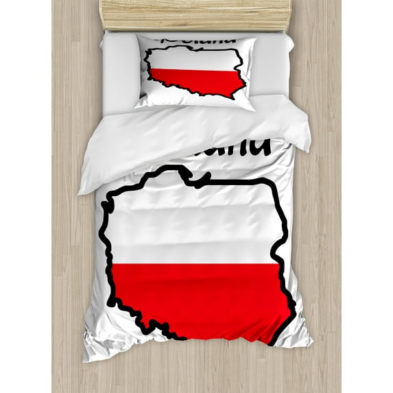 Poland Duvet Cover Set, Simplistic Design Traveling with a Map and Flag European Country, Decorative 2 Piece Bedding Set with 1 Pillow Shams, Twin Size, Vermilion Charcoal Grey, by Ambesonne