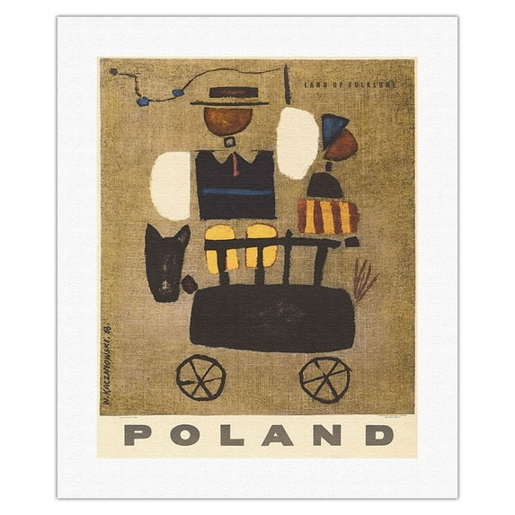 Poland - Land of Folklore - Man on a Britzka (Horse Drawn Carriage) - Vintage Travel Poster by W. Kaczanowski 1963 - Fine Art Rolled Canvas Print 16in x 20in