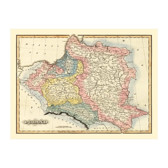 Poland Map, 1823 Vintage Map of Poland History Wall Decor Gift, Old Poland Map - 24" x 18" Unframed Print