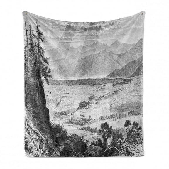 Poland Soft Flannel Fleece Throw Blanket, Village of Zakopane and Mount Gubolowka in Tatra in Greyscale, Cozy Plush for Indoor and Outdoor Use, 50" x 60", Charcoal Grey Pale Taupe, by Ambesonne