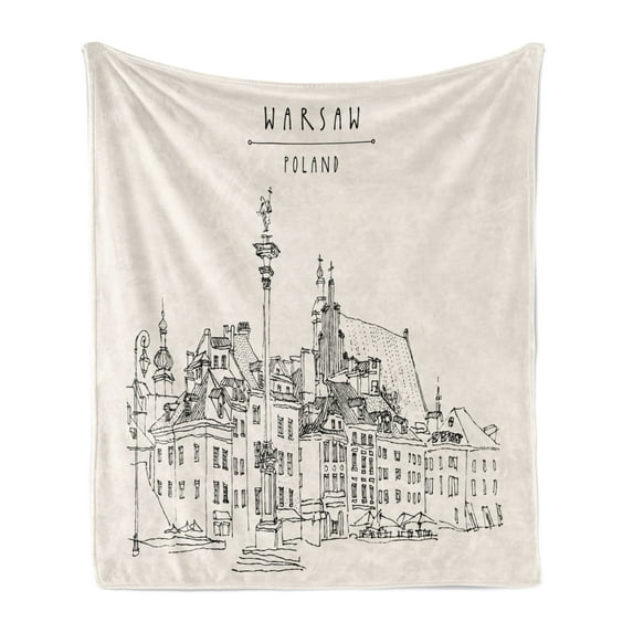 Poland Soft Flannel Fleece Throw Blanket, Vintage Warsaw City Poland Historic Castle Center Old Buildings Illustration, Cozy Plush for Indoor and Outdoor Use, 70" x 90", Ivory and Black, by Ambesonne