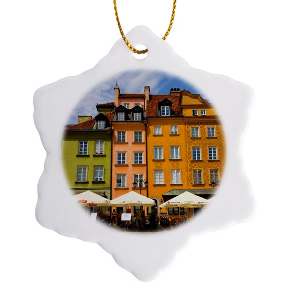 3drose, Poland, Warsaw. Buildings and Outdoor Dining in Plaza., 3 inch Snowflake Porcelain Ornament