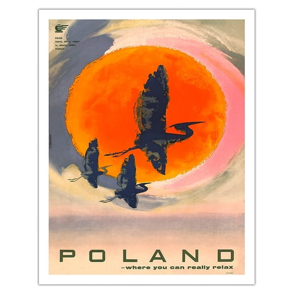 Poland - Where You Can Really Relax - White Storks Nation Symbol of Poland - Vintage Travel Poster by T. Jodkowski c.1965 - Fine Art Matte Paper Print (Unframed) 11x14in