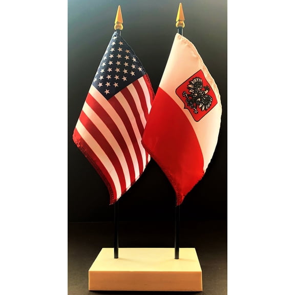 Poland with Eagle Table Flag Set; One USA and International Rayon 4x6 inch Flag Plus a White Base