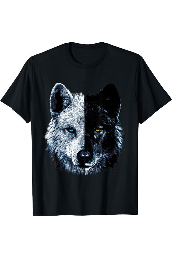 Polar And Black Two Wolf Split Face Magical Wolves Cool Unisex T-Shirt for Men Women Kids Toddler,Black Color,Size YM