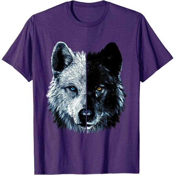 Polar And Black Two Wolf Split Face Magical Wolves Cool Unisex T-Shirt for Men Women Kids Toddler,Purple Color,Size M