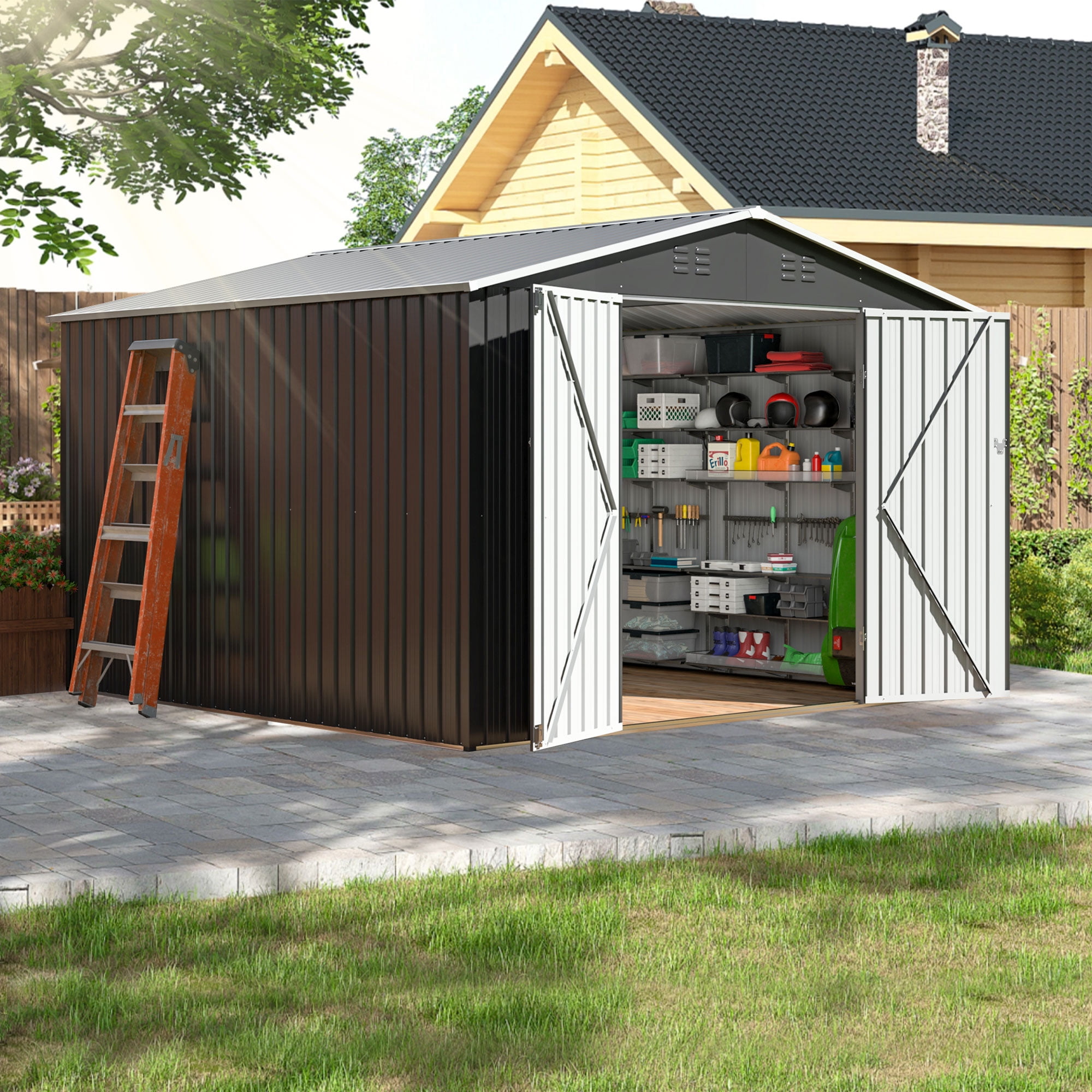 Polar Aurora 10x10 FT Outdoor Storage Shed, Waterproof Storage Garden Shed for Backyard Lawn Patio, Metal Tool Sheds with Updated Frame Structure and Lockable Doors
