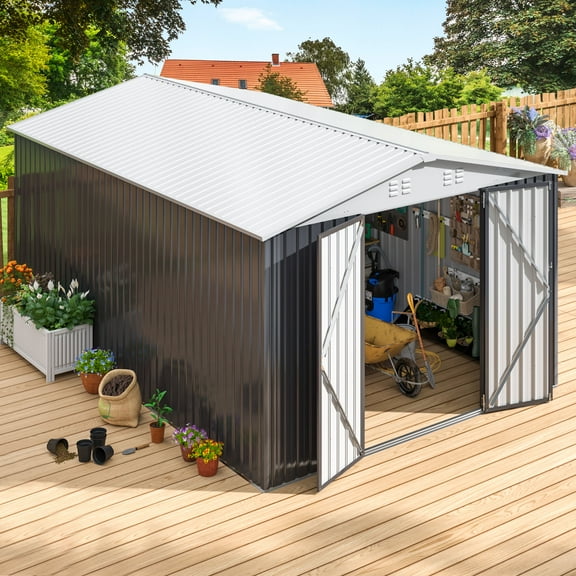 Polar Aurora 10x14 FT Outdoor Storage Shed, Waterproof Storage Garden Shed for Backyard Lawn Patio, Metal Tool Sheds with Updated Frame Structure and Lockable Doors