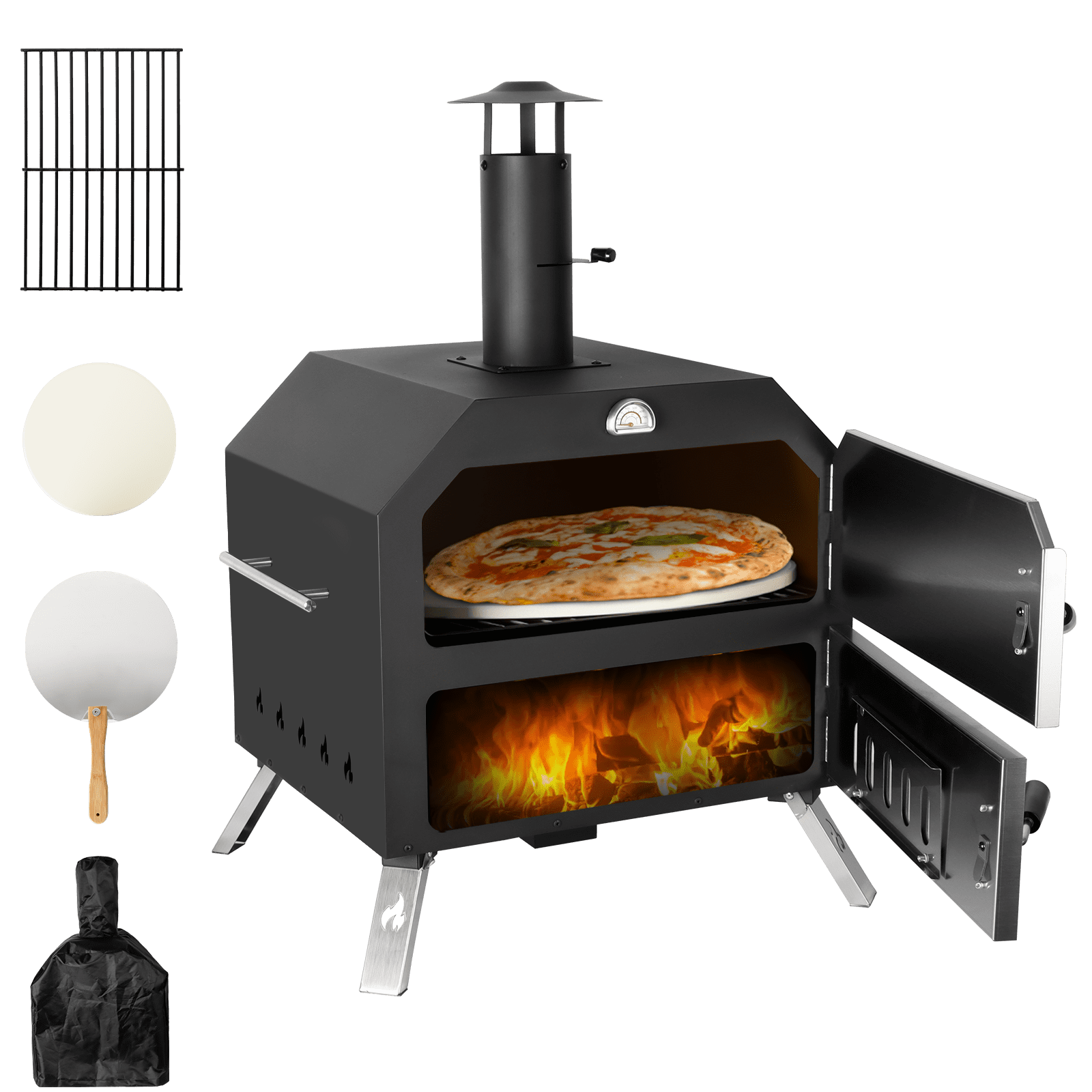 Polar Aurora 15'' Outdoor Wood Fired Pizza Oven with Pizza Stone, Peel, Adjustable Legs, Cover