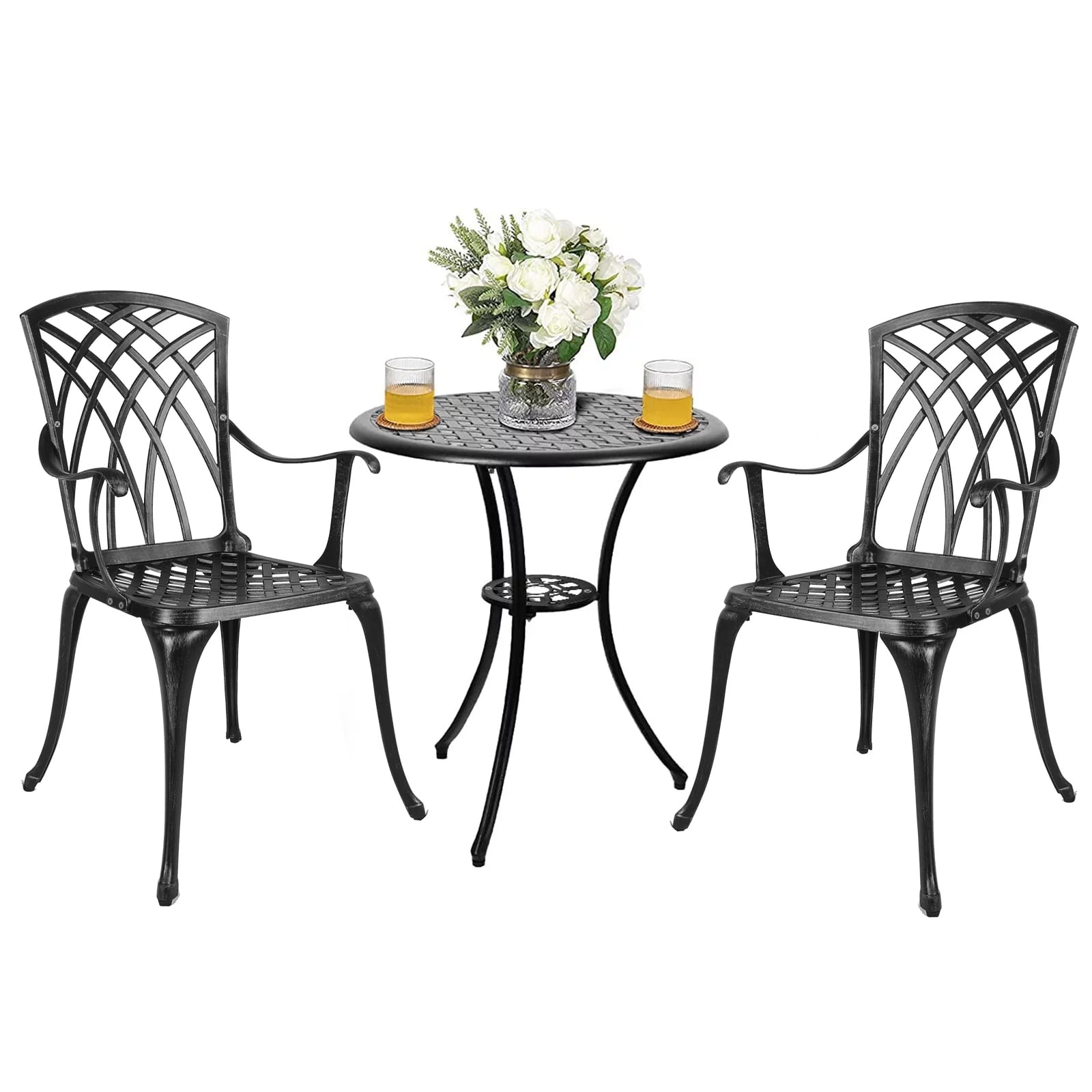 Black Cast Aluminum 3-Piece Patio Bistro Set with Armchairs