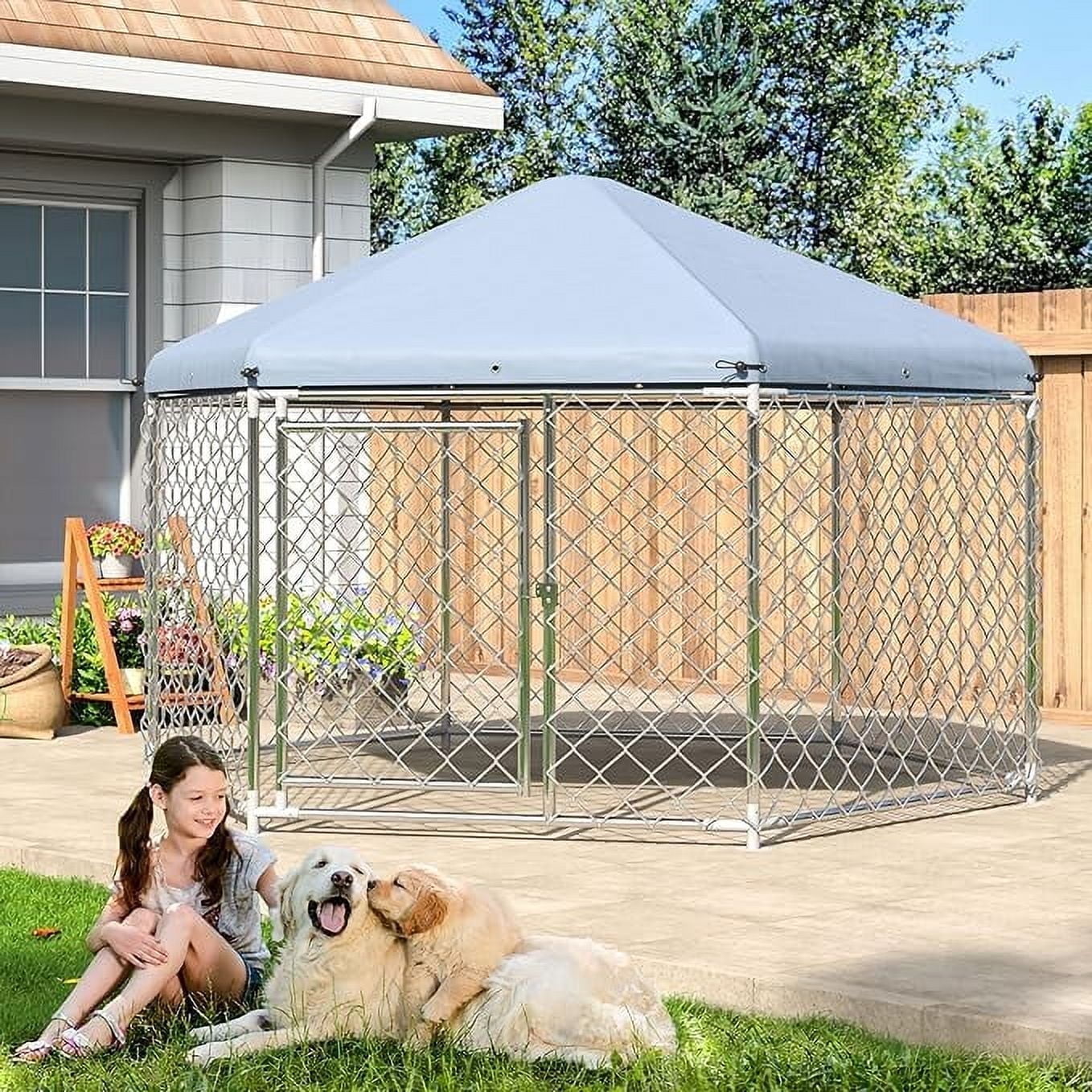 Large Outdoor Dog Kennel with Roof and Metal Gate