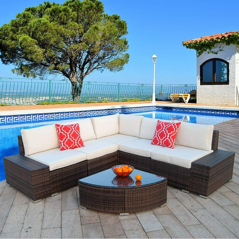 Polar Aurora 6 Pieces Patio Furniture Set Modular Outdoor Sectional Rattan Wicker Beige Brown