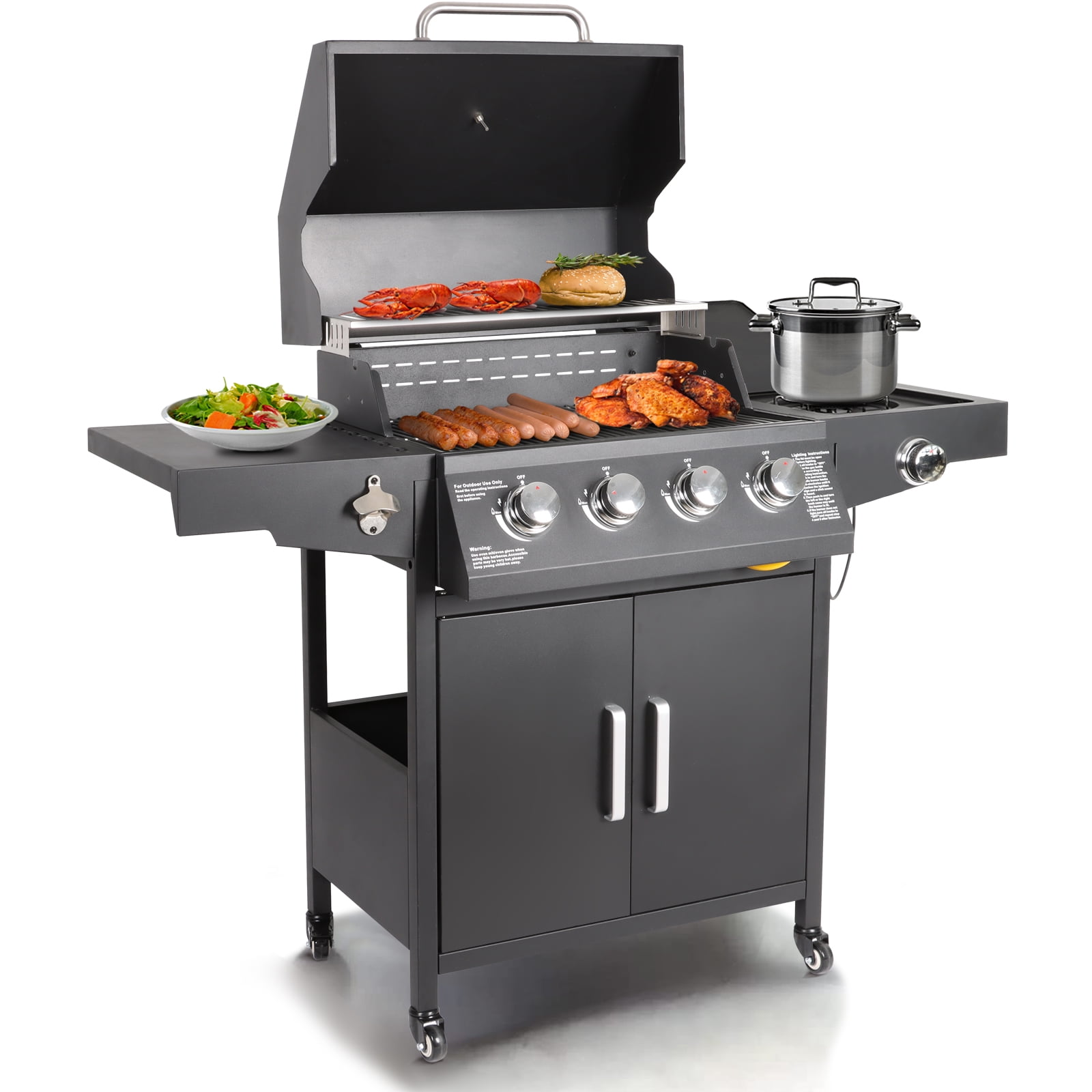 Black Stainless Steel 4-Burner Propane Gas Grill with Side Burner