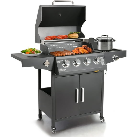 Polar Aurora Propane Gas Grill 4-Burners a Side Burner, Side Table, Steel Grill Cart for Garden Outdoor Cooking Picnic