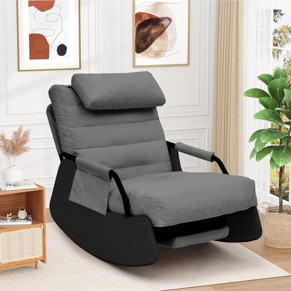Betisef Nursery Rocking Chairs with Soft Seat and Headrest,Corduroy Fabric Accent Chair with Side Pocket,Glider Rocking Chair for Bedroom/Living Room/Nursery(Dark Grey/Black)