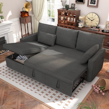 Betisef Sleeper Soft Bed,Pull Out Couch Bed with Storage Chaise,Iron Frame Soft Futon Sofa,Convertible Sleeper Couch for Living Room/Apartment/Office. (Corduroy L-Shape, Beige)