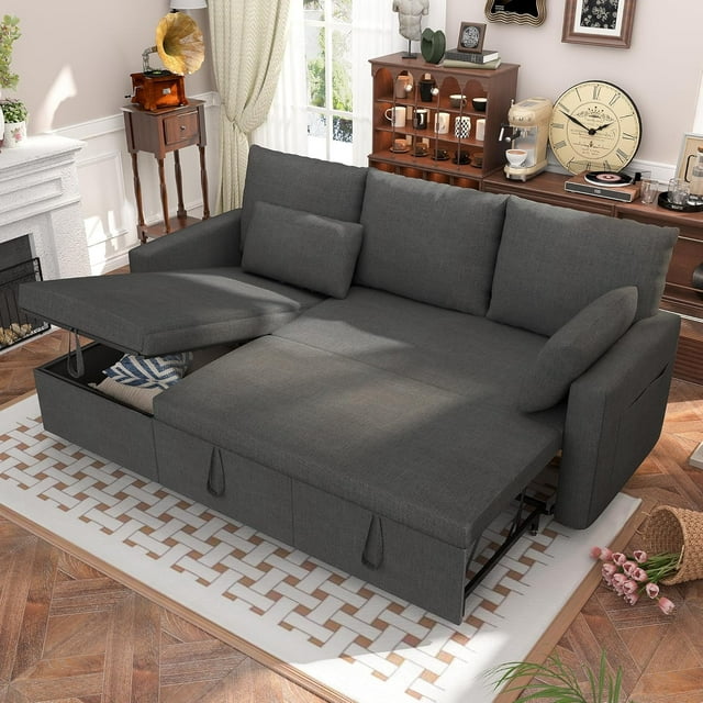 Betisef Sleeper Soft Bed,Pull Out Couch Bed with Storage Chaise,Iron Frame Soft Futon Sofa,Convertible Sleeper Couch for Living Room/Apartment/Office. (Corduroy L-Shape, Beige)