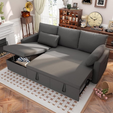 Betisef Sleeper Soft Bed,Pull Out Couch Bed with Storage Chaise,Iron Frame Soft Futon Sofa,Convertible Sleeper Couch for Living Room/Apartment/Office. (Corduroy L-Shape, Dark Gray)