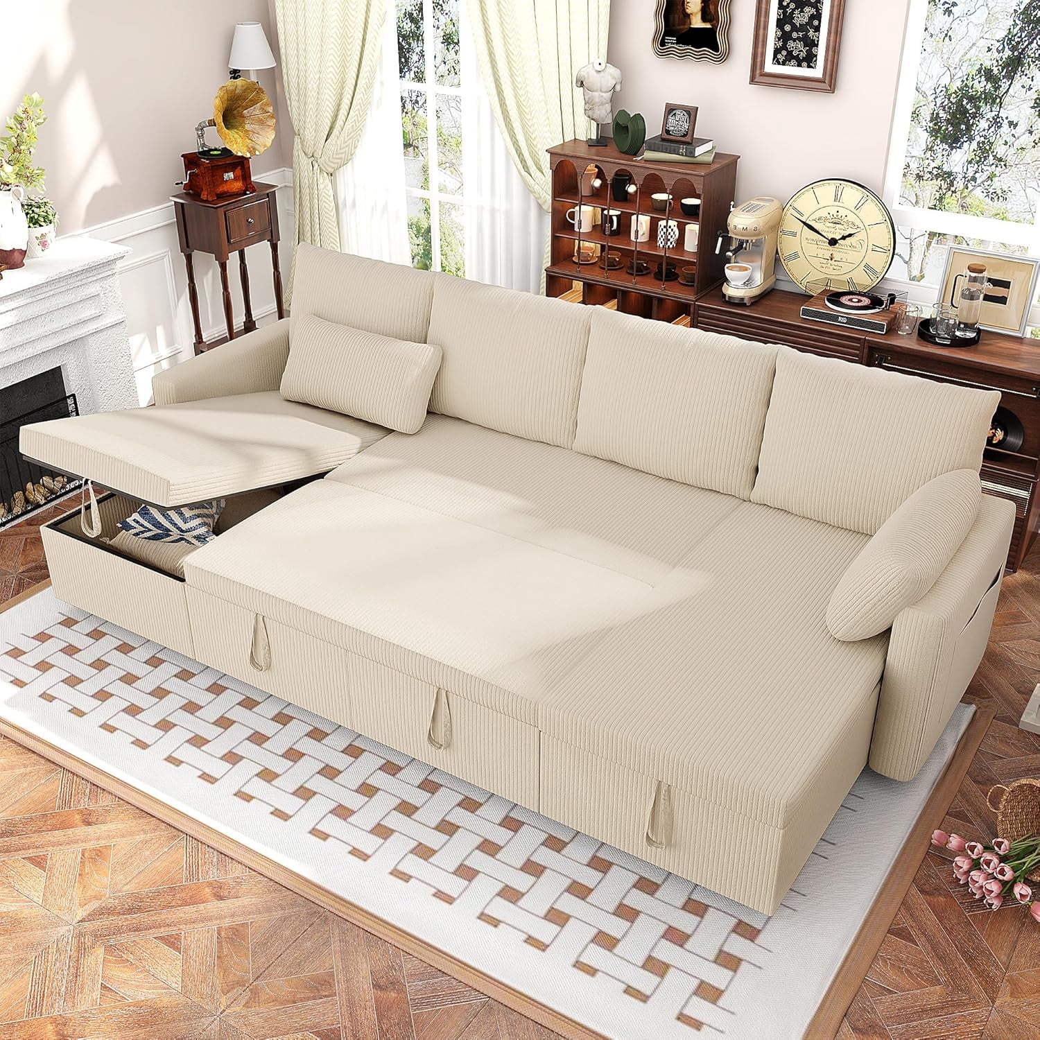 Betisef Sleeper Soft Bed,Pull Out Couch Bed with Storage Chaise,Iron Frame Soft Futon Sofa,Convertible Sleeper Couch for Living Room/Apartment/Office. (Corduroy U-Shape, Beige)