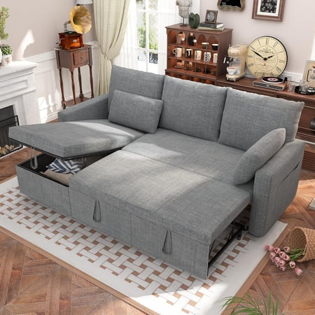 Betisef Sleeper Soft Bed,Pull Out Couch Bed with Storage Chaise,Iron Frame Soft Futon Sofa,Convertible Sleeper Couch for Living Room/Apartment/Office. (Corduroy L-Shape, Beige)