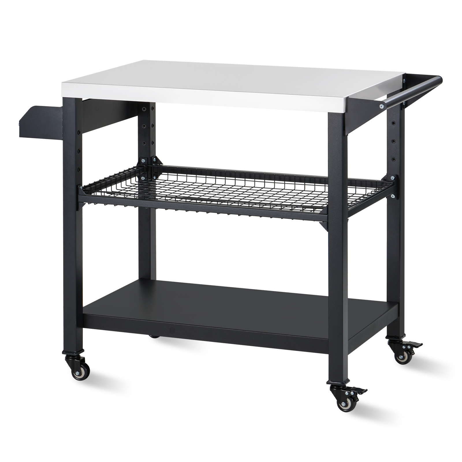 BETISEF Three-Shelf Movable Outdoor Grill Cart Pizza Oven Stand, Multifunctional Kitchen Food Prep Table with Drawer ,Stainless Steel Dining Worktable Cooking Island on 4 Wheels & Seasoning Tray