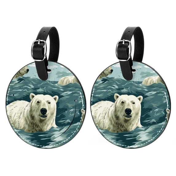 Polar Bear 2Pcs PU Leather Round Luggage Tags with Privacy Cover and Name ID Tag for Suitcase, Handbags, Backpacks, School Bags